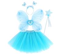 Joygoodta Conjunto de Disfraz de Mariposa de 4 Piezas, Lindo Conjunto de Vestido de Hada para niñas de 3 a 10 años, Falda/Varita/Diadema/Ala de Tul para Juegos de rol, cumpleaños, Vacaciones, Azul