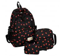 Joygoodta Mochila escolar juvenil, juego de mochila con estampado de fresas de 3 piezas para niñas, negro