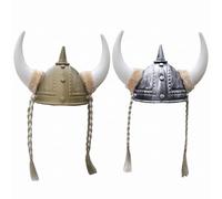 Joygoodta Paquete de 2 sombreros con cuernos y casco vikingo con trenzas, accesorios de disfraz vikingo para adultos y niños, dorado plateado