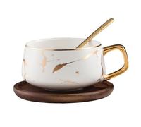 Joygoodta Tazas de café, taza de café de cerámica de 400ml con platillo y cuchara de madera, tazas y platillos con patrón de mármol para el hogar, restaurante