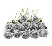 JOYHAZE 12 Piezas Rosas Artificiales, 19,7 '' Bodas de Flores de Seda de un Solo Tallo Decoradas con una Oficina de reuniones Familiares de Rosas en Plena floración, Pieza Central de la Mesa (Plata)