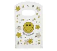 Joyhey 100 bolsas pequeñas de plástico de 3.5 x 5.9 pulgadas, bolsas de compras, bolsas de venta al por menor, bolsas de regalo con asas troqueladas, cara sonriente (más patrones disponibles)