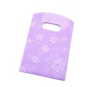 Joyhey 100 bolsas pequeñas de plástico para compras de mercancías de 3.5 x 5.9 pulgadas, bolsas de venta al por menor, bolsas de regalo con asas troqueladas, flores moradas (más patrones disponibles)
