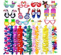 JOYIN 12 gafas de fiesta Luau y 12 piezas de Leis hawaianas, guirnaldas Leis de flores, gafas de sol novedosas, suministros de decoración de fiesta de verano y playa