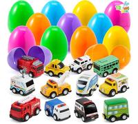 JOYIN 12 huevos de Pascua prellenados con juguetes, huevos de Pascua de plástico con retiradores de coche, de aleación, rellenos de cesta de Pascua para niños, regalos de fiesta de Pascua, búsqueda de
