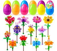 JOYIN 12 huevos de Pascua prellenos con bloques de construcción de ramo de flores, huevos de Pascua rellenos de flores de bloques de construcción, rellenos de cestas de Pascua para niños, niñas y