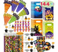 JOYIN 144 Piezas, 24 Unidades, Surtido de Artículos de Papelería Temática de Halloween, Incluye Lápices, Reglas, Pegatinas, Sellos y Borradores en Regalo para Niños Truco o Trato