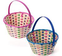 JOYIN 2 cestas de bambú a cuadros de Pascua, azul y rosa, cesta de regalo vacía tejida redonda con asa plegable para caza de huevos de Pascua, golosinas de fiesta para niños, picnic y recuerdos