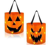 JOYIN 2 Piezas Halloween-Dulces-oder-Saures-Tüten, 25,4 x 30 cm, Luz LED, Naranjafarbene Kürbis-Eimer, wiederverwendbare Süßesigkeiten-Eimer, Süßes oder-Saures, Geburtstagsparty-Geschenkzubehör