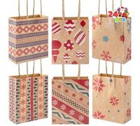JOYIN 24 bolsas de regalo de papel kraft de Navidad con asas, bolsas de papel de Navidad reutilizables para regalos de vacaciones, decoraciones de regalos gigantes, recuerdos de fiesta y suministros