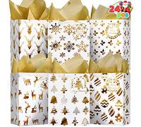 JOYIN 24 bolsas de regalo doradas de papel de seda de Navidad, bolsas metálicas con papel de seda y etiquetas de tarjeta de nombre para envolver, bodas, regalos de fiesta, regalo de decoración
