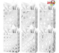 JOYIN 24 bolsas de regalo plateadas de papel de aluminio de Navidad con papeles de seda y etiquetas de tarjetas de nombre, bolsas metálicas de Navidad para regalos, envolver calcetines, decoración de