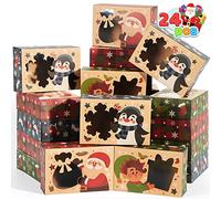 JOYIN 24 PCS 8.5 "x 5.75" x 2.75 "Cajas de galletas navideñas con ventana, patrones coloridos ahuecados en la caja de regalo de panadería Kraft para vacaciones, pastele, brownies, donas, 3 diseños