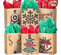 JOYIN 24 Pcs Bolsas de Navidad Kraft con Papel de Seda, Motivos Navideños para Regalos de Fiestas