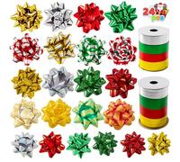 JOYIN 24 piezas de lazos de Navidad y cintas para regalos, 48 lazos autoadhesivos multicolores de varios tamaños y 8 rollos de cintas rizadas