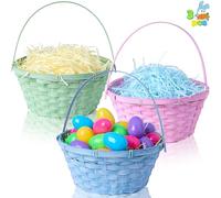 JOYIN 3 cestas de bambú de Pascua, azul, rosa, verde, redonda tejida con asa plegable, cesta de regalo vacía para caza de huevos de Pascua, golosinas de fiesta para niños, recuerdos de picnic