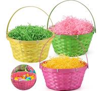 JOYIN 3 cestas de Pascua con asa y 3 colores de papel de hierba, cesta de regalo vacía para caza de huevos de Pascua, suministros de fiesta para niños, relleno con dulces y recuerdos de fiesta