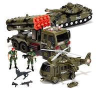 JOYIN 3 en 1 Juguete de vehículo Militar con Sirena alimentada por fricción con Figuras de acción, Que Incluye camión Militar, helicóptero y Tanque de Juguete, vehículos con Sirena de luz y Sonido