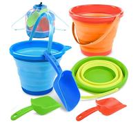 JOYIN - 3 paquetes de cubetas plegables con palas y bolsa de malla, cubetas plegables multiusos para playa, equipo de camping, fiesta de playa, pesca y actividades divertidas de verano (naranja/azul