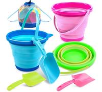 JOYIN 3 paquetes de cubos plegables con palas y bolsa de malla, cubos plegables multiusos para playa, equipo de camping, fiesta en la playa, pesca y actividades divertidas de verano (azul/rosa/verde)