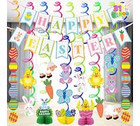 JOYIN 31 piezas de decoración de Pascua, huevo, decoración de conejo, decoración colgante para fiestas con remolino de papel de aluminio, decoración para fiestas de Pascua y temáticas.