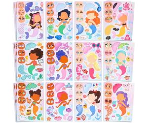 JOYIN 36 Pcs de Caras Adhesivas, Haz Tu Propio Sirena y Combina Animales en Hojas Adhesivas, Regalos de Cumpleaños y Fiestas para Niños 3+(Sirena)