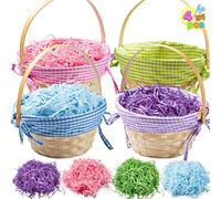 JOYIN 4 cestas de bambú de Pascua tejidas con asas y 4 colores de papel de hierba para caza de huevos de Pascua, suministros de fiesta para niños
