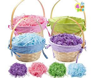 JOYIN 4 cestas de bambú de Pascua tejidas con asas y 4 colores de papel de hierba para caza de huevos de Pascua, suministros de fiesta para niños