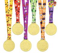 JOYIN 6 piezas de medallas de Halloween para niños, suministros de fiesta de Halloween, trofeos de concurso de disfraces, truco o trato, cintas de trofeo de esqueleto de calabaza, recompensas para