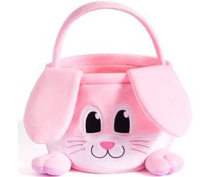 JOYIN Cesta de conejo rosa de Pascua, 10 x 8 pulgadas, con orejas plegables, cesta suave vacía con asa, regalos de Pascua para bebés, juego de caza de huevos para niños, bolsa de dulces y contenedor