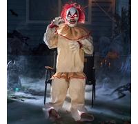 JOYIN Decoración Animatrónica de Payaso Sentado de Halloween de 152 cm con Ojos Brillantes, Sonido Aterrador, Brazos y Cabeza móviles (activados por Sonido y luz) para Casa embrujada