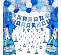 JOYIN Decoraciones de fiesta de cumpleaños azul marino, 76 suministros de fiesta azules con pancarta, globos de aluminio y látex, remolinos y cortinas de oropel para niños, hombres, niños 16, 20, 25