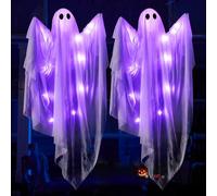JOYIN - Fantasma Colgante de Halloween de 90cm con luz LED Morada, 2 Piezas de decoración de Fantasmas Colgantes Blancos, Fantasma Colgante de Halloween para Accesorios de casa embrujada,