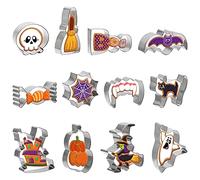 JOYIN Juego de 12 cortadores de galletas de acero inoxidable para hornear, gato, murciélago, fantasma, bruja, calabaza, telaraña, calavera, caramelo para decoración de fiesta de Halloween