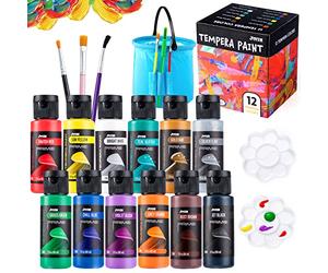 JOYIN Juego de 12 Témperas Lavables para Niños (2 Onzas C/U) Con 6 Pinceles, 2 Paletas y 1 Cubo - Pintura Líquida No Tóxica para Póster