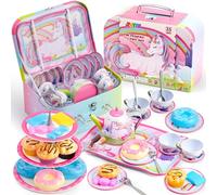 JOYIN Juego de 35 Piezas de Fiesta de té de Unicornio para niñas pequeñas, Juego de Tetera de Lata, Juguete de Cocina de Princesa con Postre, Regalo de cumpleaños para niños pequeños de 3 4 5 6 años