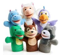 JOYIN Juego de 6 marionetas de mano para niños con boca de trabajo, juguete de peluche para niños pequeños que incluye pájaro, cocodrilo, hipopótamo, oveja, mapache y ardilla para teatro, regalos de