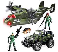 JOYIN Juego de Juguete de vehículo Militar de avión de Transporte y camión Militar con Motor de fricción con Sirenas de luz y Sonido y Figuras de acción de Soldados del ejército para niños