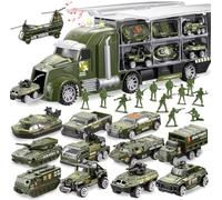 JOYIN Juego de Juguetes de vehículos Militares de 14 en 1 con Soldado, Mini Juguete de Coche de Batalla en camión Portador con Luces y Sonidos, Regalos de cumpleaños para niños Mayores de 3 años
