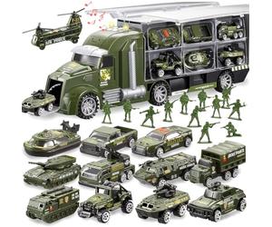 JOYIN Juego de Juguetes de vehículos Militares de 14 en 1 con Soldado, Mini Juguete de Coche de Batalla en camión Portador con Luces y Sonidos, Regalos de cumpleaños para niños Mayores de 3 años
