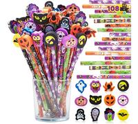 JOYIN Juego de papelería de 108 lápices de Halloween con borradores, 108 lápices de colores en 6 diseños, 108 borradores gigantes en 12 estilos para truco o trato infantil, fiesta de Halloween