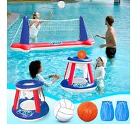 JOYIN Juguete de Flotador para Piscina, Red Inflable de Voleibol y Aros de Baloncesto para Niños y Adultos, Pelotas Incluidas, Juego de Flotador de Piscina, Flotadores de Verano, Rojo