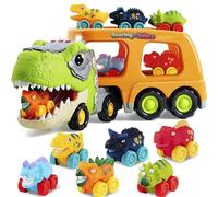 JOYIN Mini Camión Transportador de Dinosaurios con 6 Vehículos de Juguete de Goma Suave, con Música y Sonido Fuerte, Luces Intermitentes, Regalos para niños y niñas de 2 años en adelante(Naranja)