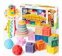 JOYIN Montessori - Juguete para bebé de 6 meses, juguete apilable, bloques de silicona, cuerda de tracción de silicona, juguete de actividad motriz, juguete sensorial 4 en 1, juguete para niños y