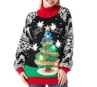 JOYIN Mujer Resplandor suéter Feo Vestido Largo suéter con Divertido árbol de Navidad 3D y Bombillas de Novedad, suéter Negro de Manga Larga de Navidad patrón de Punto, Negro, M