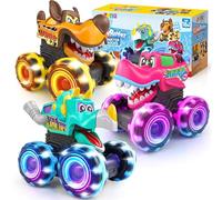 JOYIN Pack de 3 camiones monstruos - vehículos luminosos activados por movimiento con ruedas LED para niños pequeños, función de inicio de presión, diseño dinosaurio para niños.