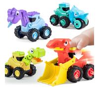 JOYIN Pack de 4 Vehículos de Juguete de Construcción, Juguetes para la Arena, Excavadoras, Juguetes de Dinosaurios, Coches con Función de Retroceso, Coches de Juguete para niños de 1, 2, 3 años