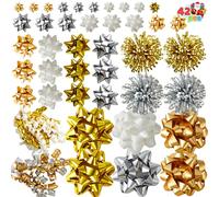 JOYIN Surtido de 42 lazos de regalo para Navidad con 36 lazos autoadhesivos multicolor (oro, plata, blanco) de varios tamaños, 4 lazos de oropel y 2 lazos rizados para envolver regalos, envoltura de