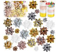 JOYIN Surtido de 46 lazos de Navidad y 8 rollos de cintas, varios colores, lazos autoadhesivos de regalo y cintas rizadoras para envolver regalos, cumpleaños, boda, decoración de regalos de Navidad