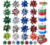 JOYIN Surtido de 48 lazos de regalo con 8 rollos de cinta de envoltura, lazos de Navidad autoadhesivos multicolor de tamaño surtido y cintas rizadoras para envolver regalos, cumpleaños, boda,